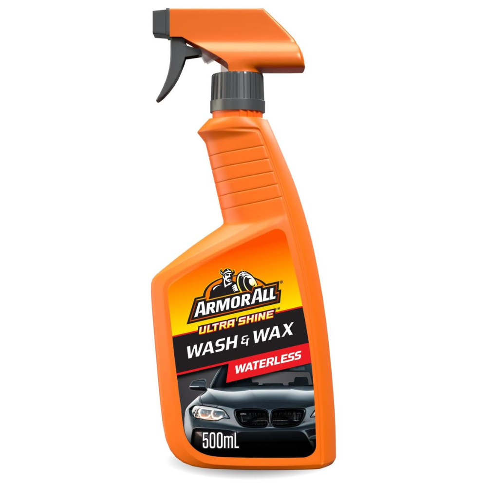 Orange spray bottle of Armor All Ultra Shine Wash & Wax on a white background