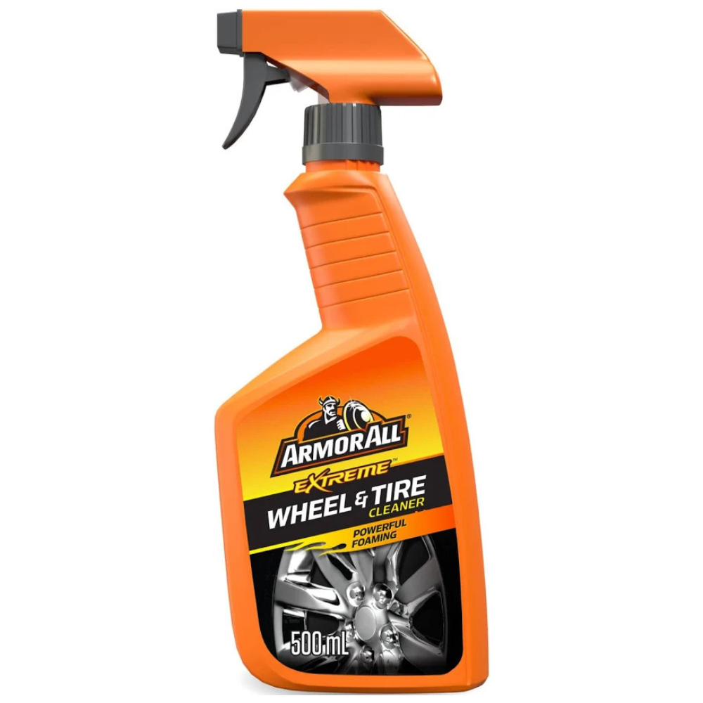 Orange spray bottle of Armor All Extreme Wheel & Tire Cleaner on a white background