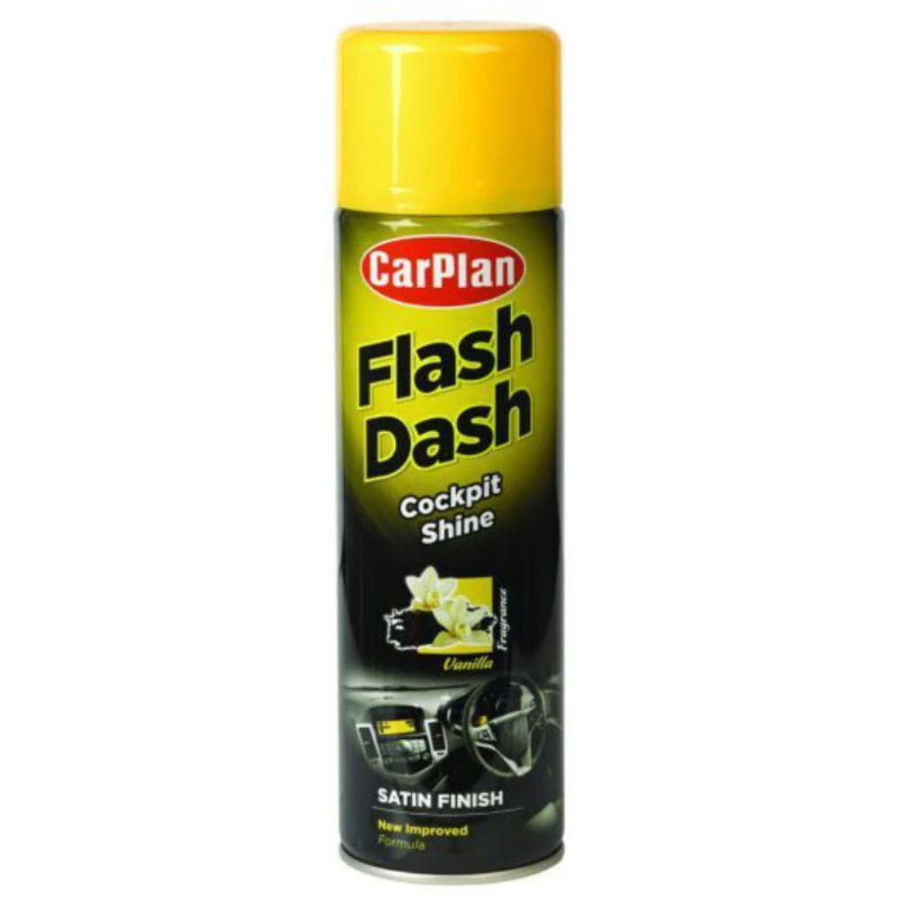CarPlan Flash Dash cockpit shine spray can on a white background with yellow and black branding.
