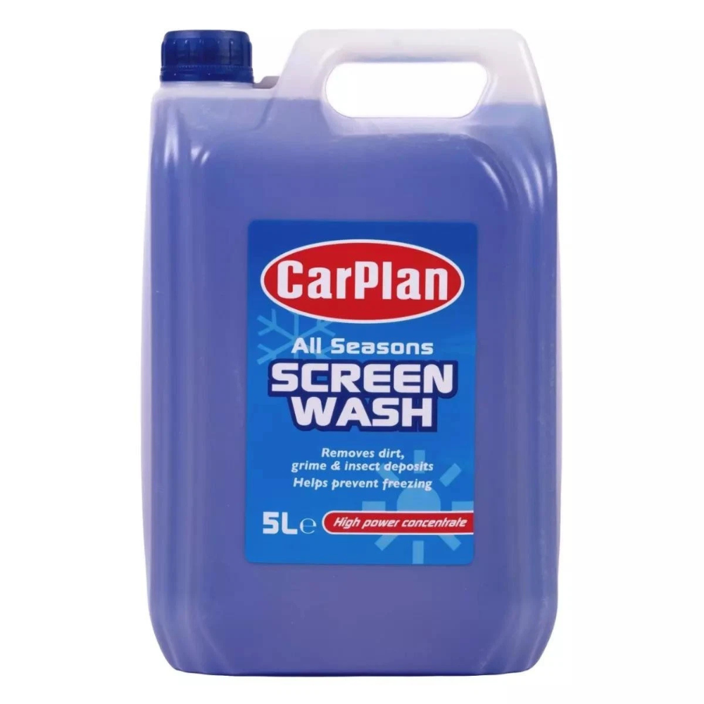CarPlan All Seasons Screenwash Concentrate 5L container with blue liquid and red cap.