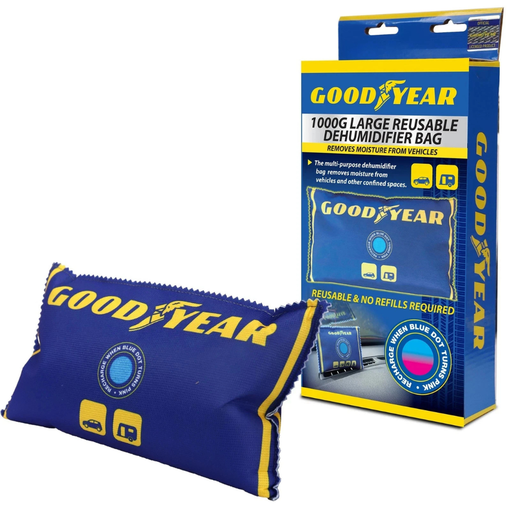 Goodyear large reusable dehumidifier bag with packaging on a white background