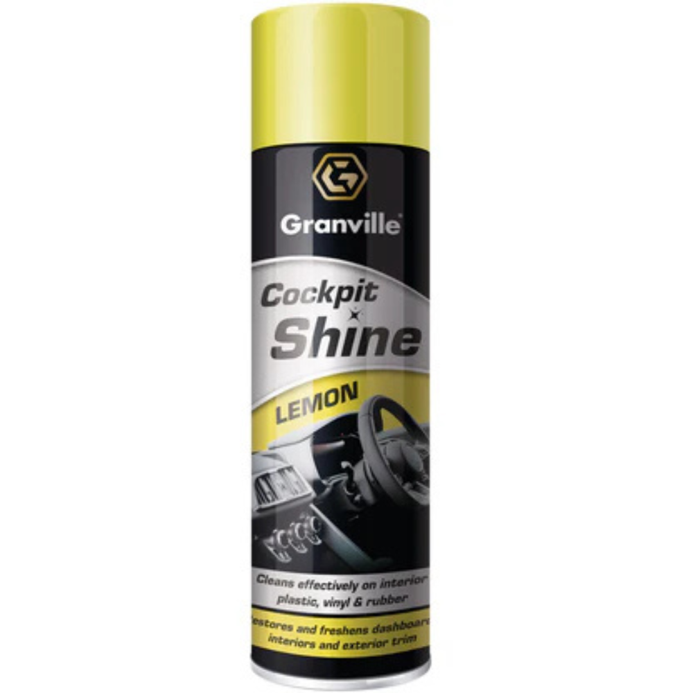 Granville Cockpit Shine Gloss Lemon 500ml aerosol can with yellow and silver label and interior dashboard graphics.