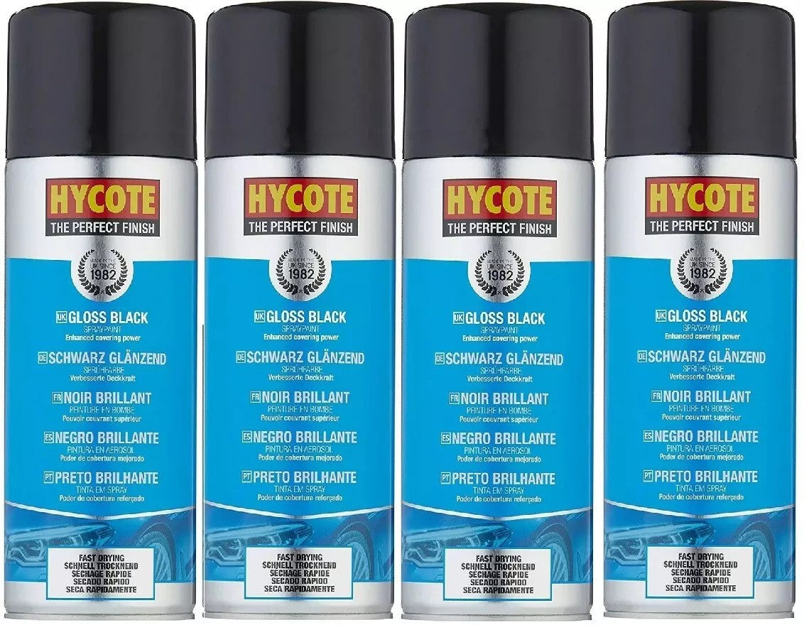 Hycote XUK0272 Gloss Black Fast Drying Spray Paint 400ml X 4