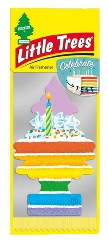 Little Trees air freshener packaging with a colorful cake design on a yellow background