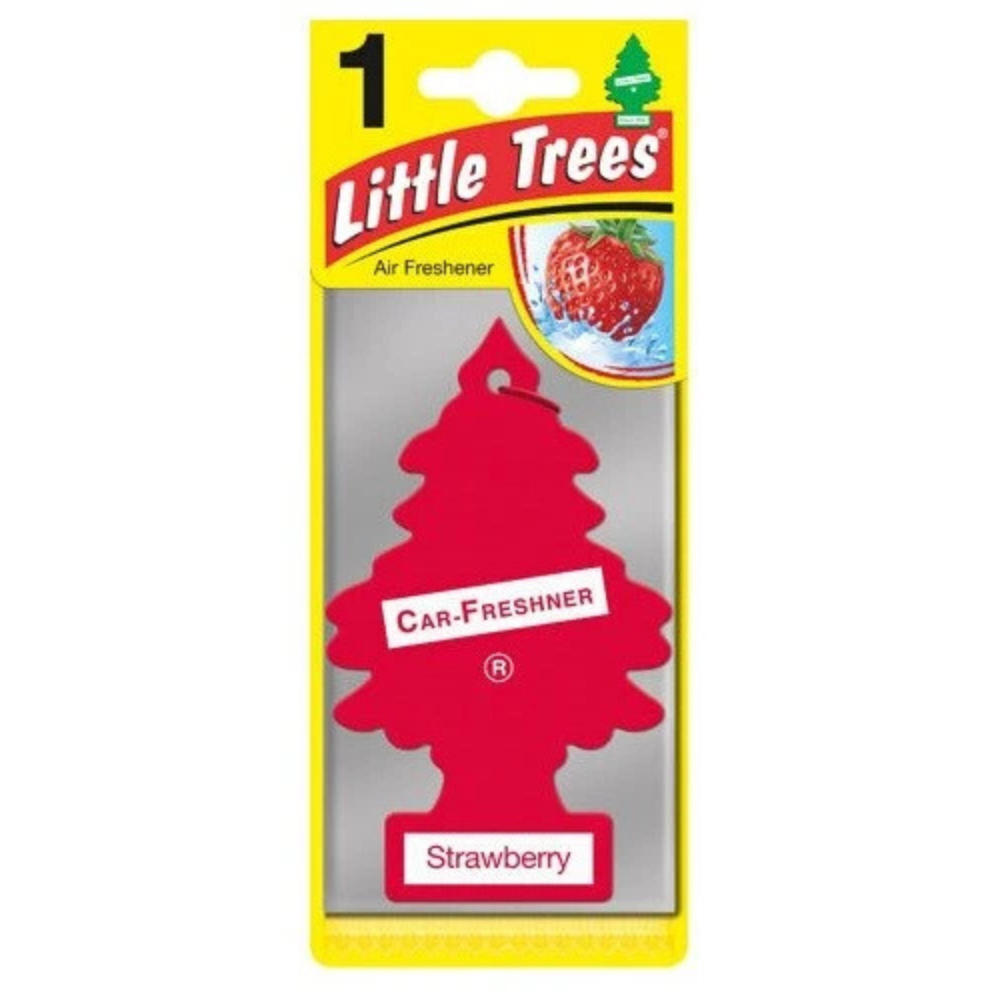 Little Trees Strawberry air freshener in red packaging with a strawberry themed design.