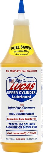 Lucas Upper Cylinder Lubricant bottle with blue cap on a white background