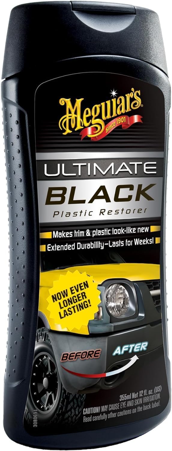 Meguiar's Ultimate Black Plastic Restorer bottle with 'Before' and 'After' graphics on a black background