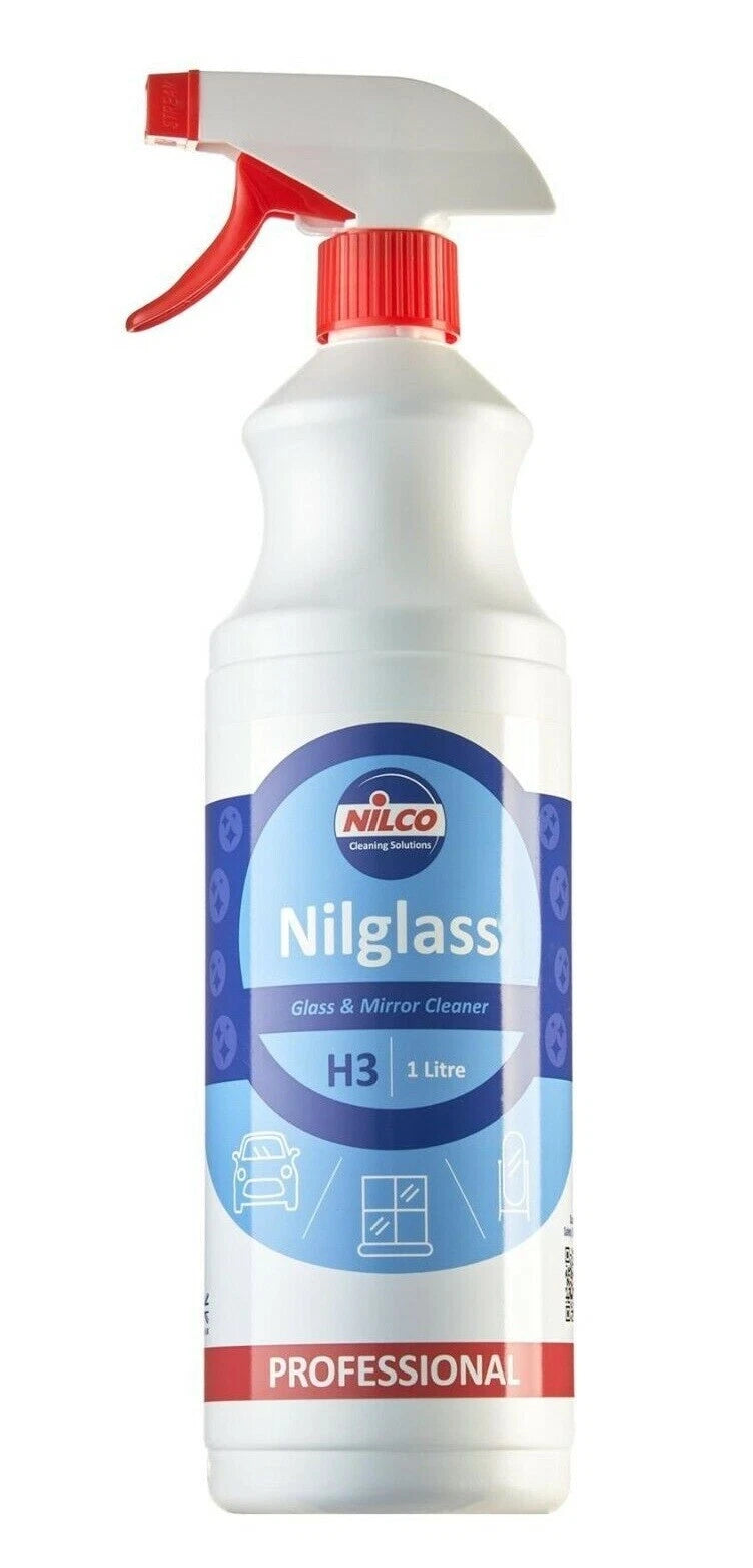 Nilglass glass cleaner bottle with red trigger on a white background