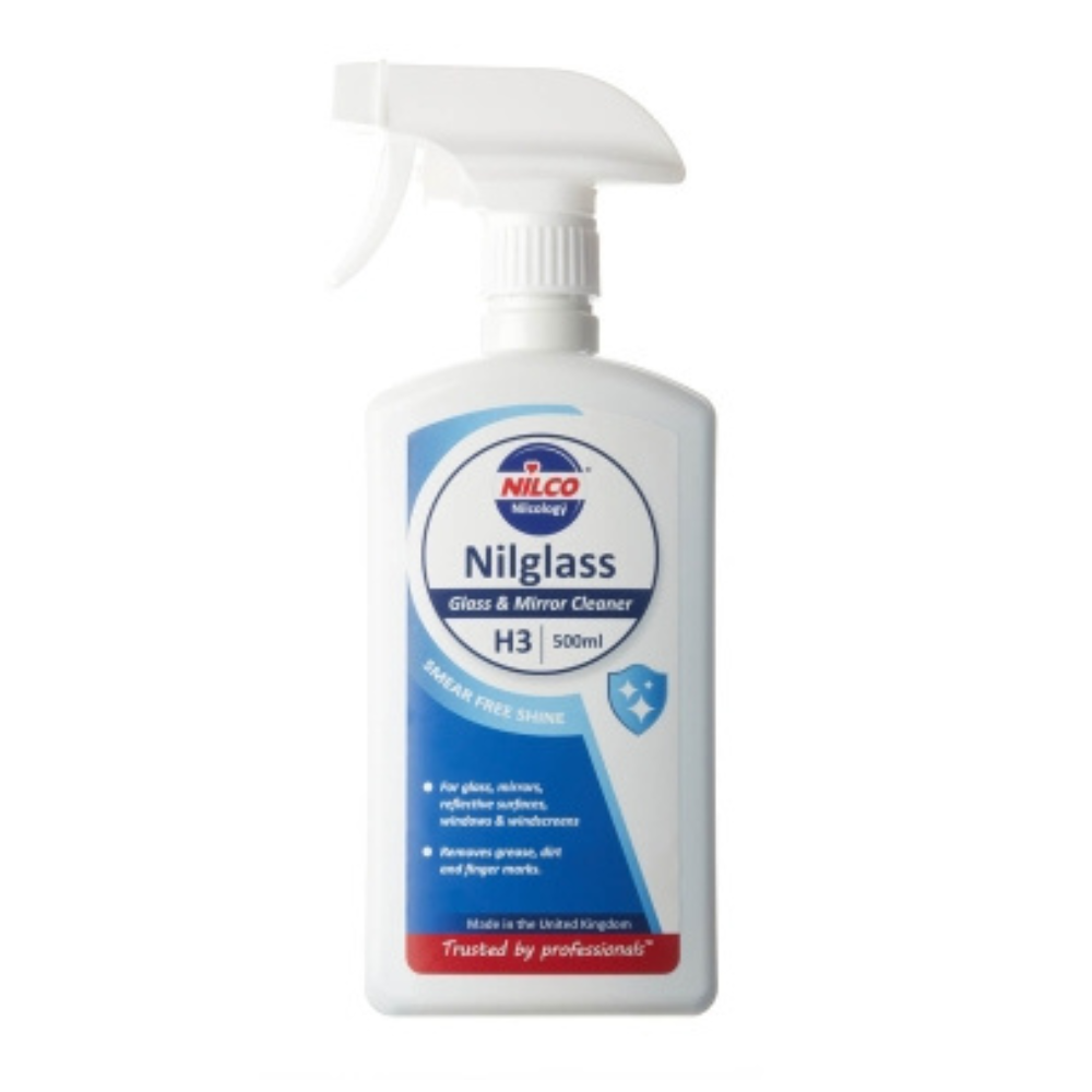 Nilco Nilglass glass and mirror cleaner spray bottle on a white background