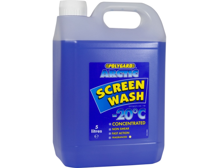 Blue bottle of Polyguard Arctic Screen Wash on a white background