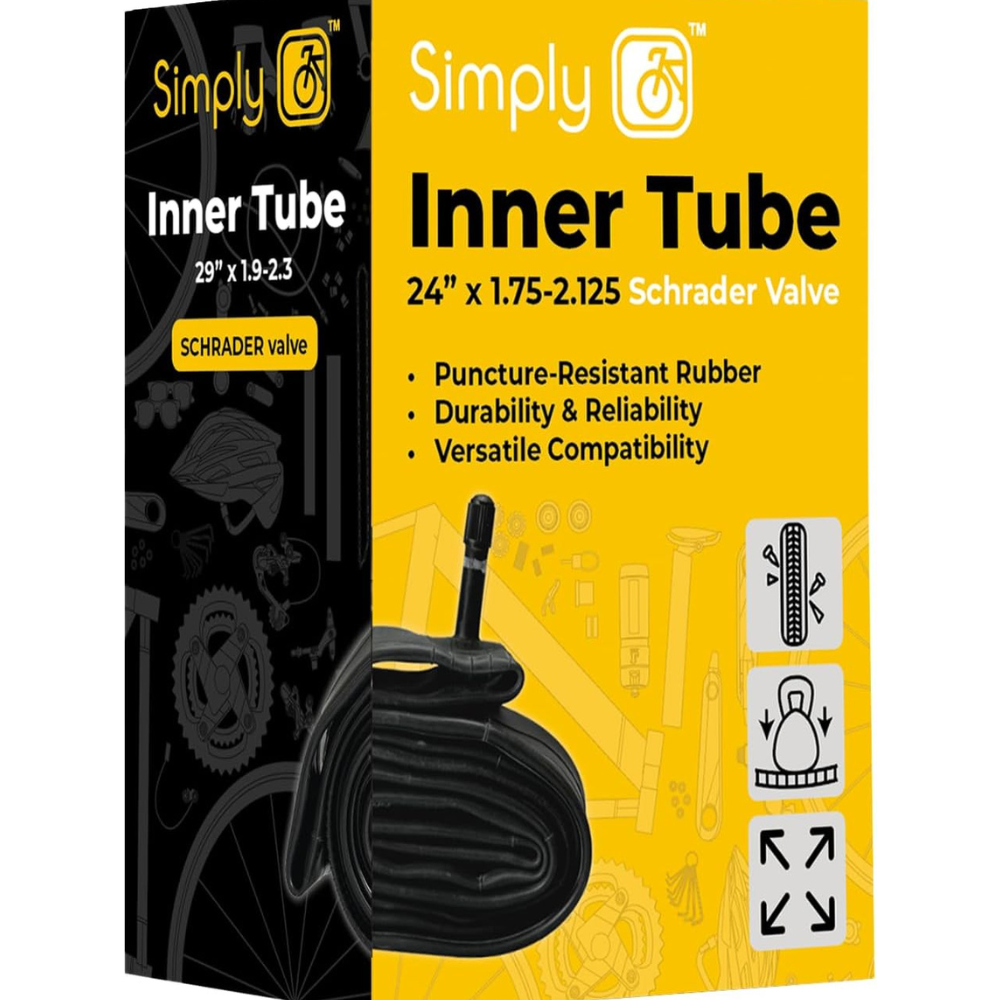 Bicycle inner tube packaging with 'Simply' branding on a yellow and black background