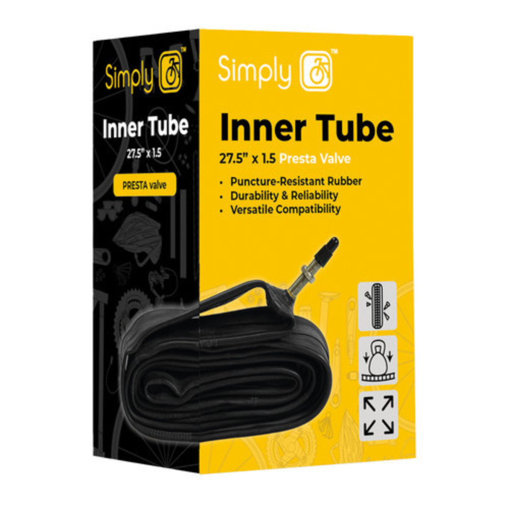 Box of Simply Inner Tube with black inner tube on a yellow and black background
