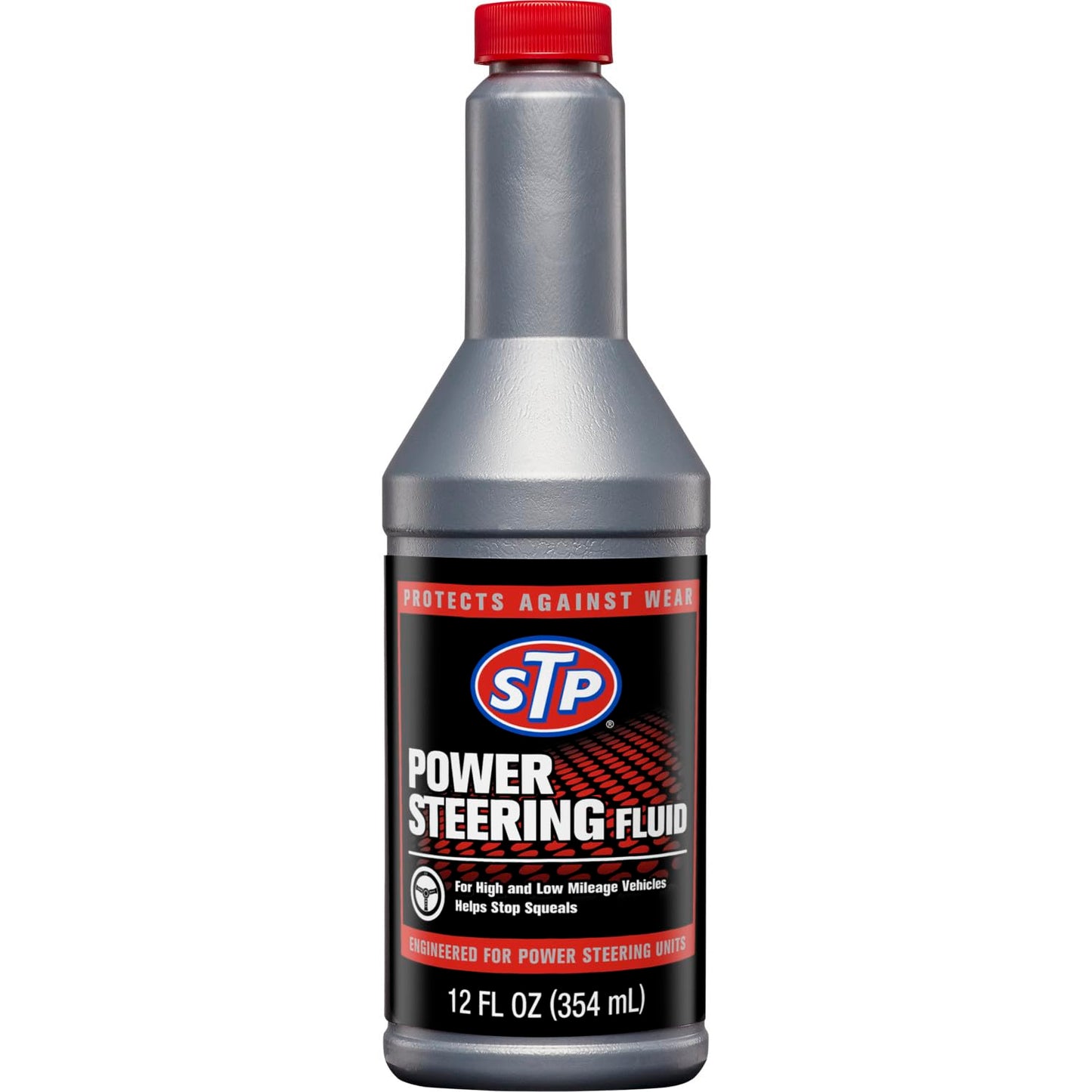 STP Power Steering Fluid 354ml bottle with red and blue branding designed for maintaining smooth steering performance.