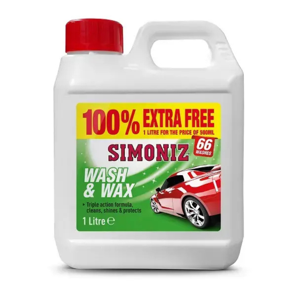 Simoniz Wash and Wax 1 Litre bottle with yellow liquid and bold red and black branding.