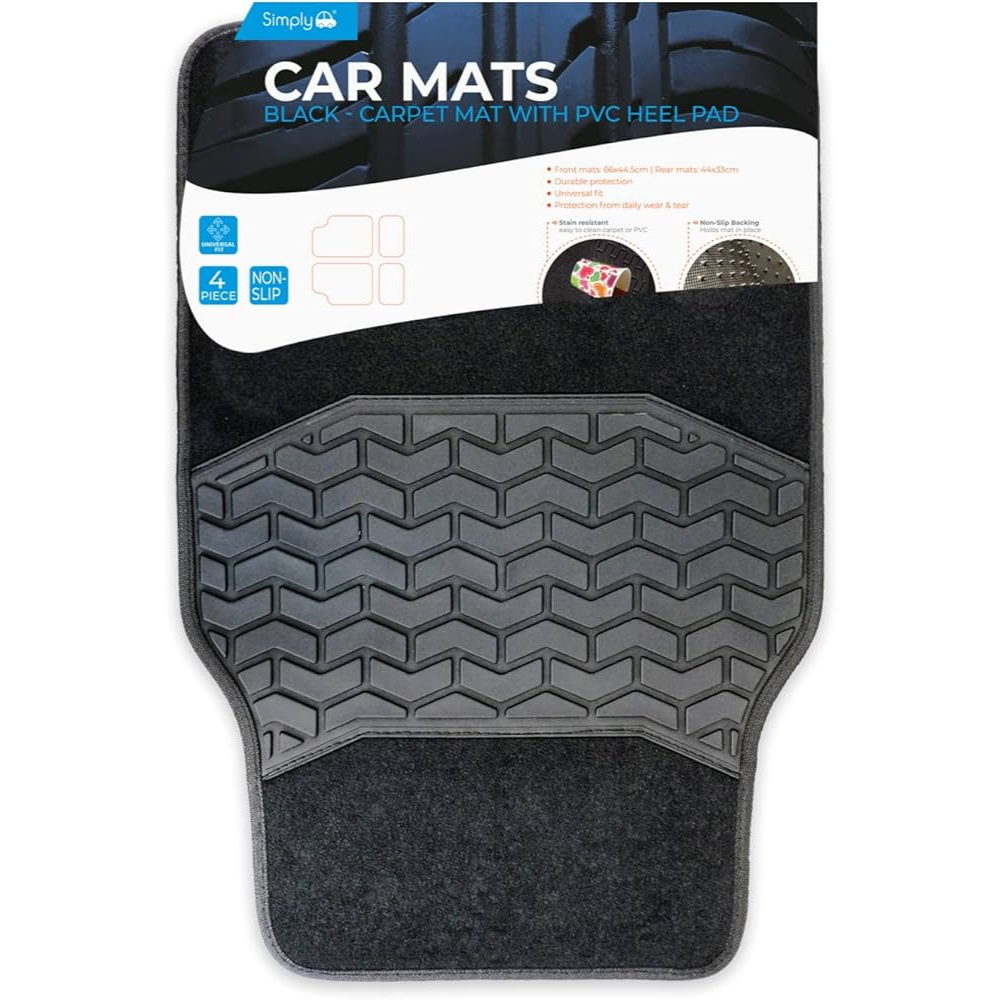 Car mat with packaging displaying brand name and product details on a white background