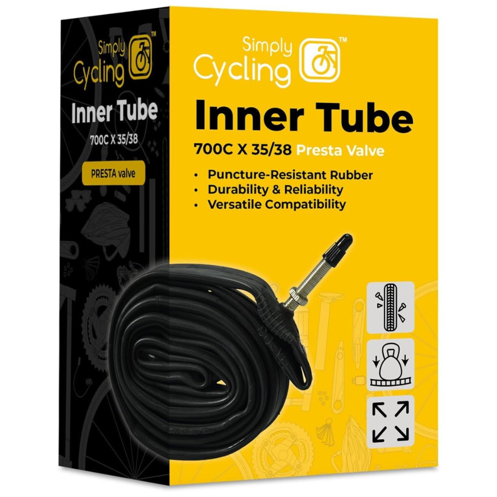 Box of Simply Cycling inner tube with black inner tube on a yellow background