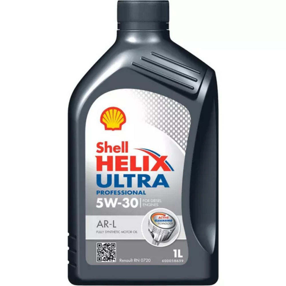Shell Helix Ultra Professional 5W-30 motor oil bottle on a white background