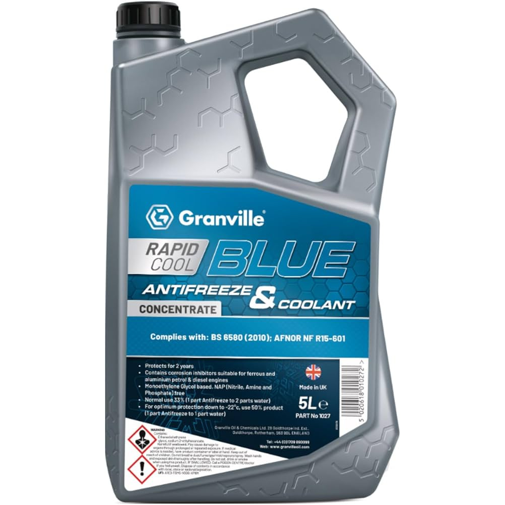 Granville Rapid Cool Blue antifreeze & coolant container on a white background