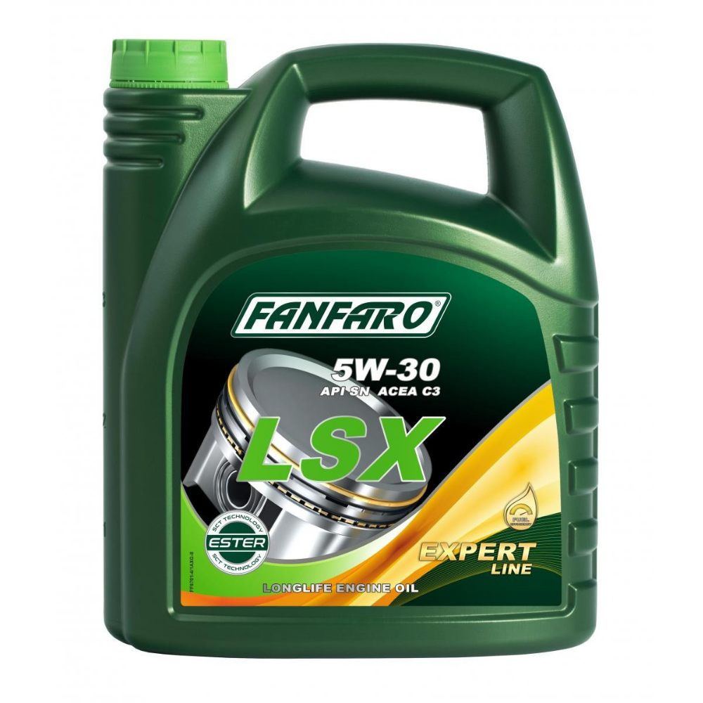 Green oil bottle with 'Fanfaro' branding on a white background