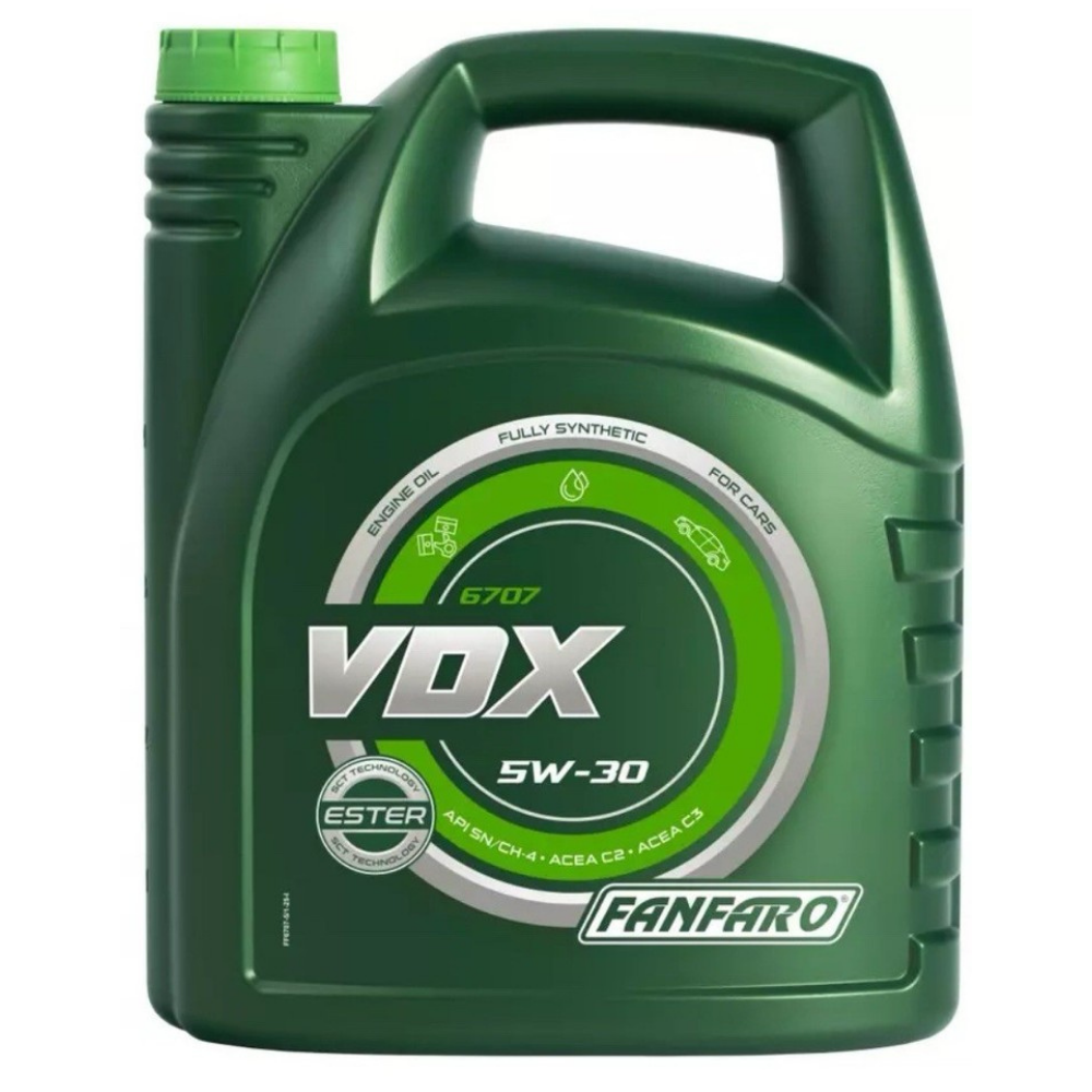 Green oil container with 'VDX' and 'Fanfaro' branding on a white background