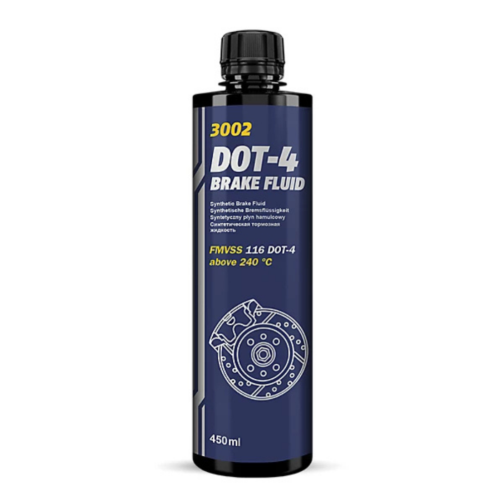 Bottle of DOT-4 brake fluid with blue label on a white background