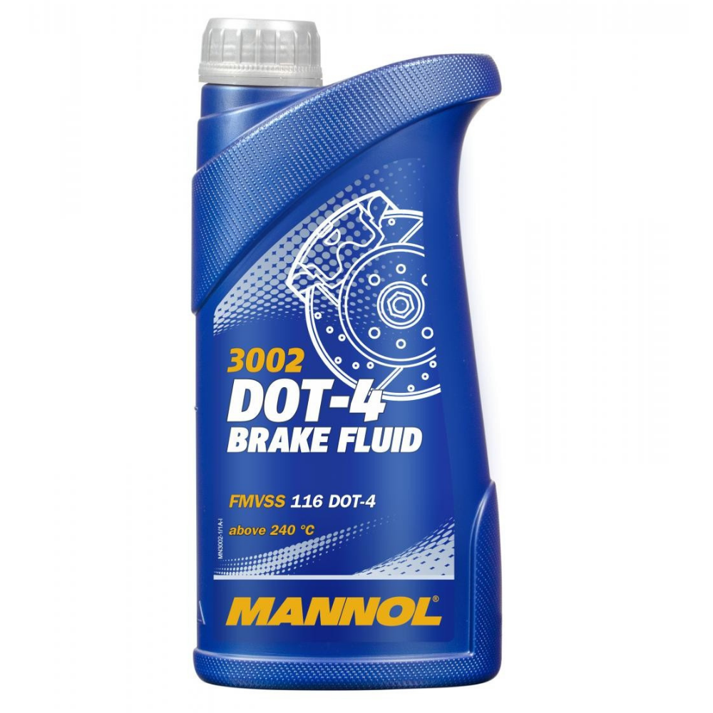 Mannol brake fluid bottle with blue label on a white background