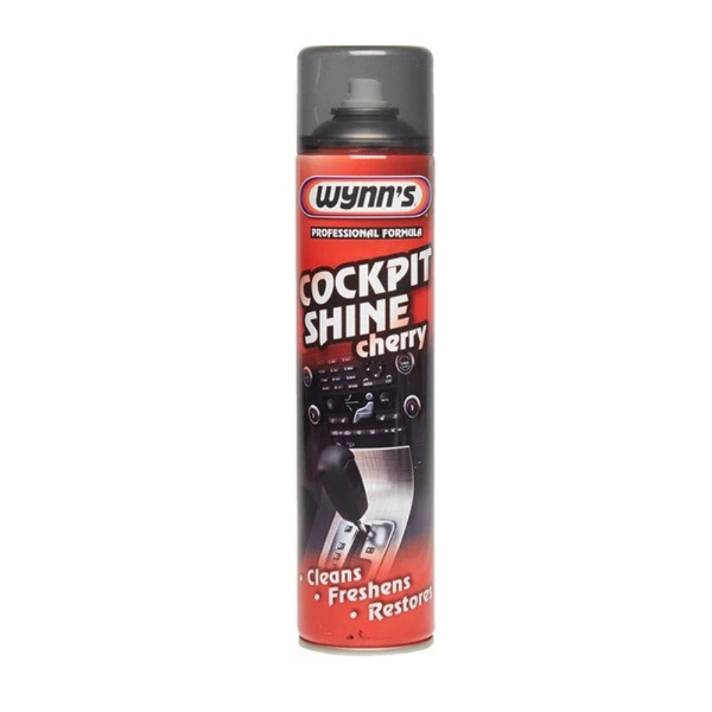 Wynns Cockpit Shine Cherry 600ml aerosol can with red and black branding.
