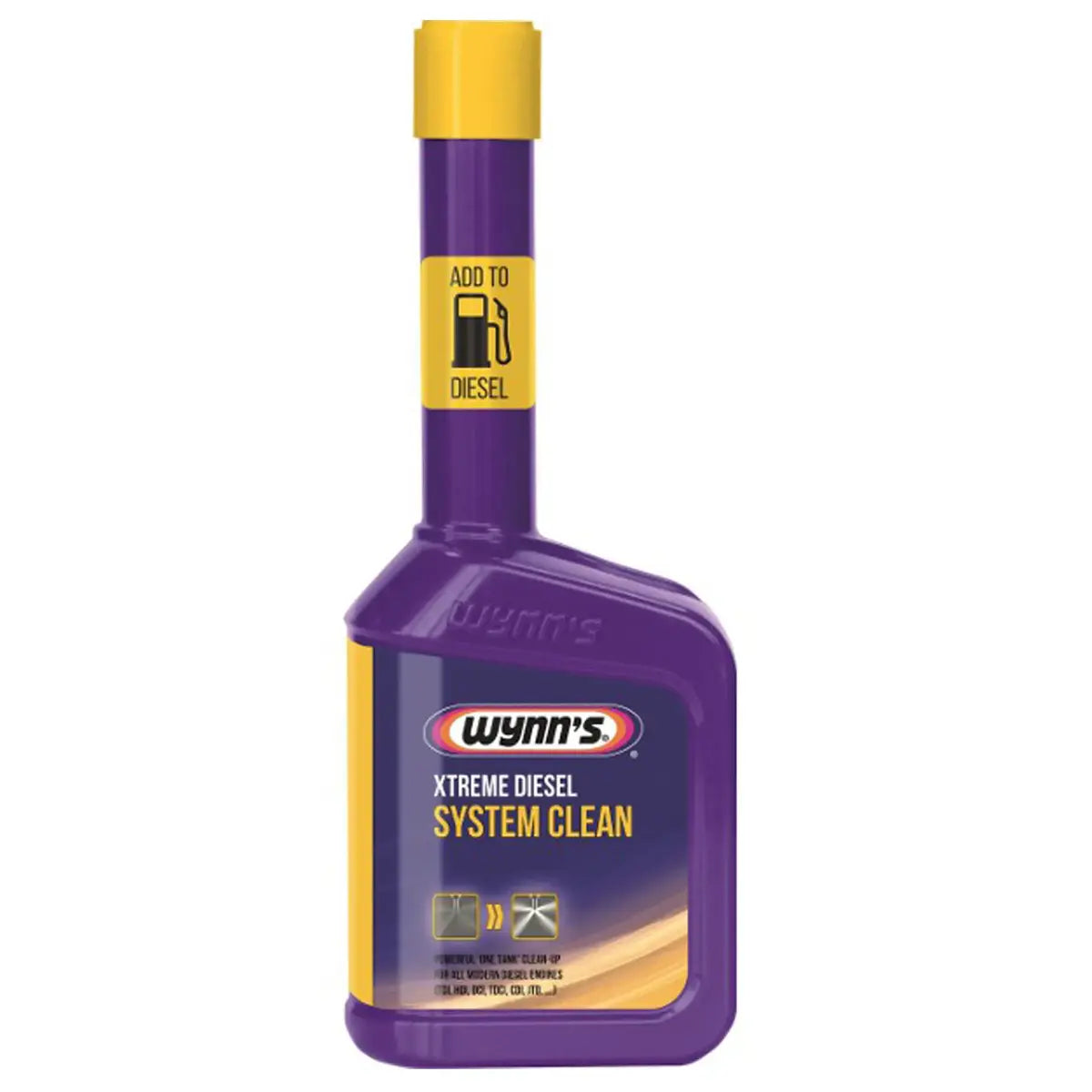 Wynns Xtreme Diesel System Clean 325ml bottle with purple and yellow branding designed for deep cleaning diesel fuel systems.