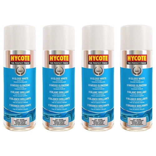 “Hycote XUK032 Gloss White Spray Paint 400ml pack of 4 – fast drying acrylic spray paint”