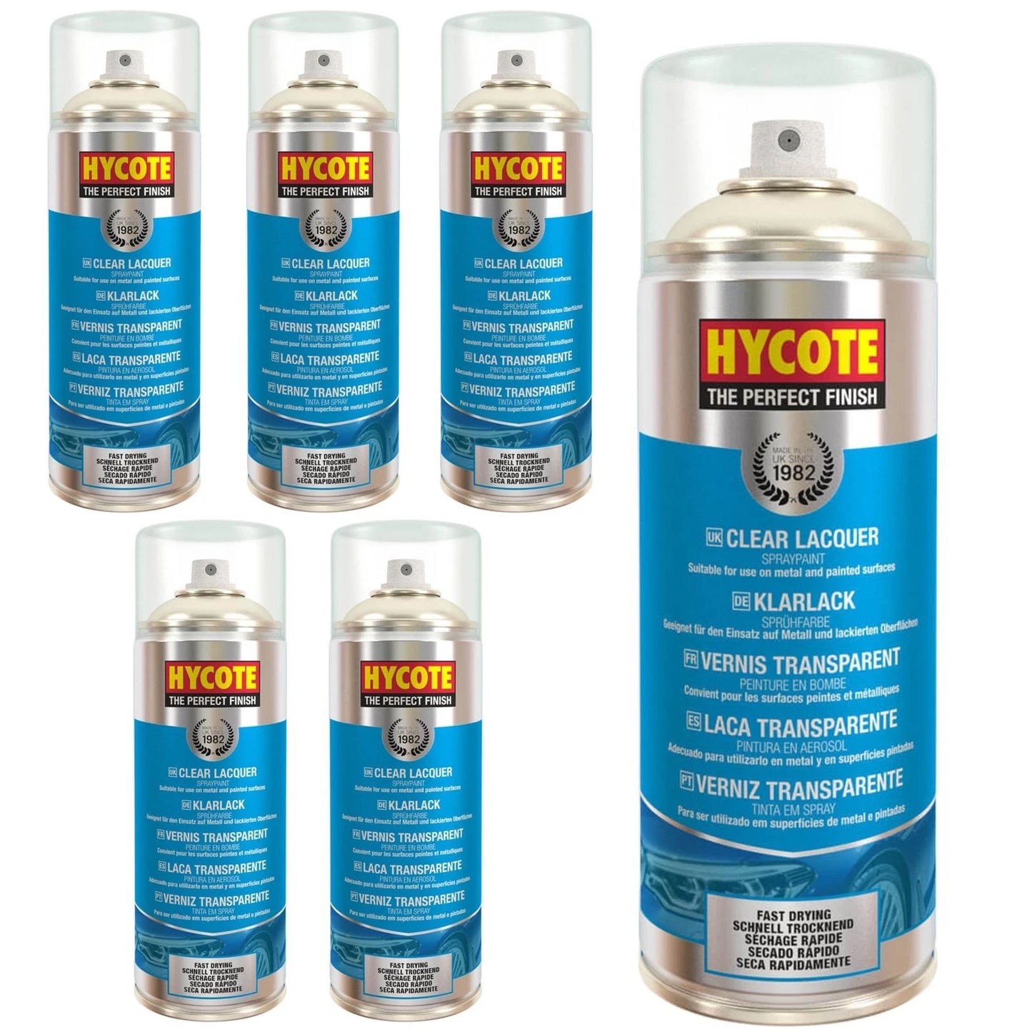 “Six cans of Hycote XUK0232 Clear Lacquer 400ml aerosol spray paint”