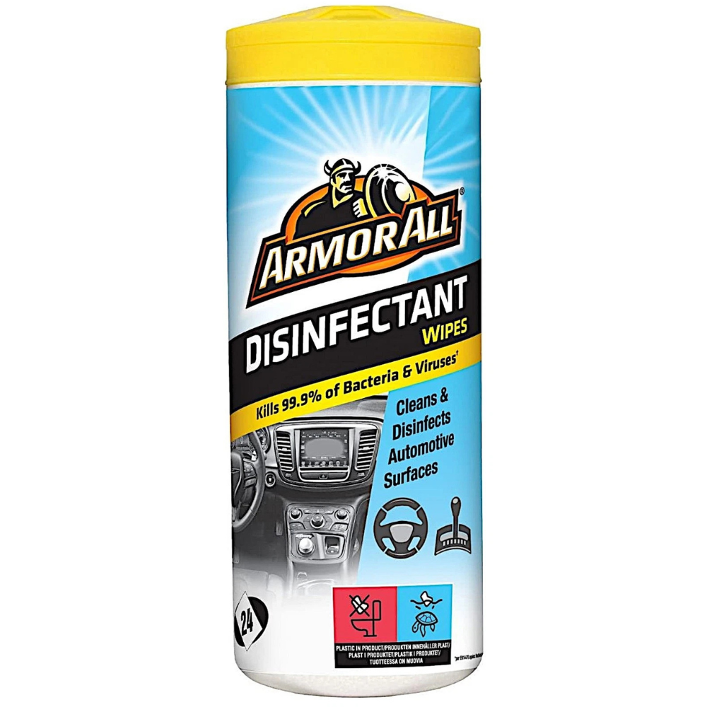 Armor All Disinfectant Wipes 24 Pack in an orange and white soft pack with resealable lid.