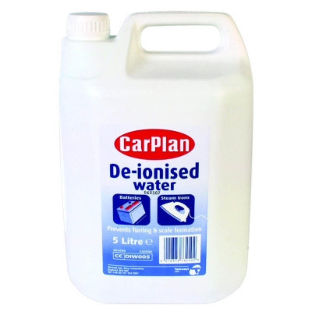 CarPlan De Ionised Water 5L container with clear liquid and blue and white branding.