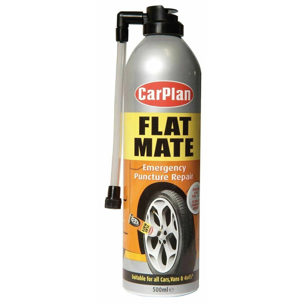 CarPlan Flat Mate Tyre Repair 500ml aerosol can with red and black label and tyre repair graphics.