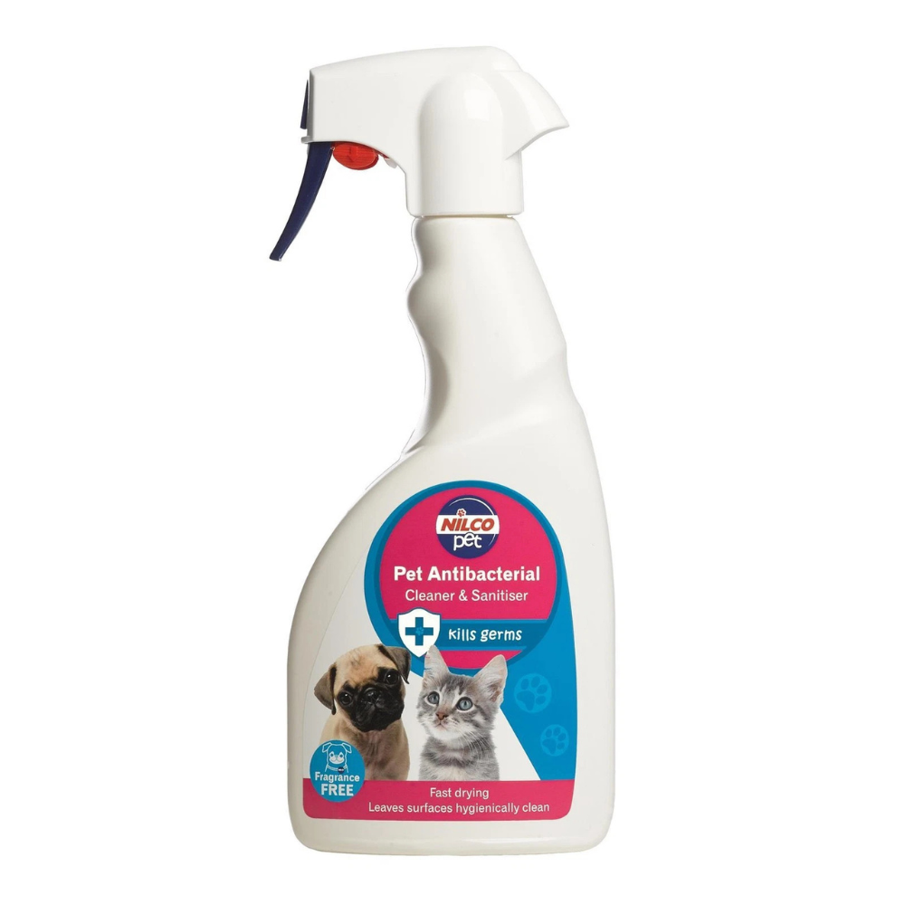 Nilco Pet Antibacterial Cleaner & Sanitizer spray bottle on a white background