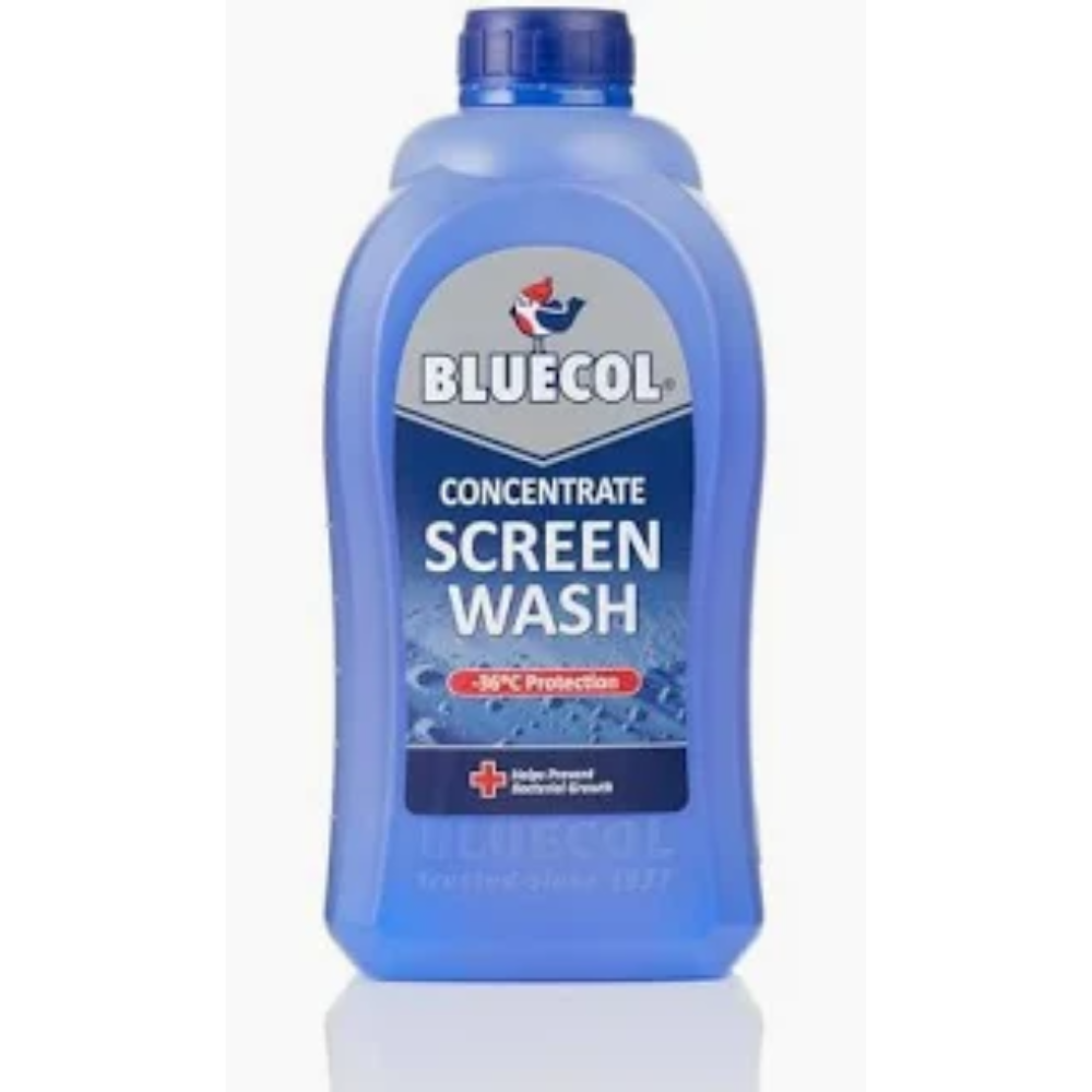 Bluecol concentrate screen wash bottle on a white background