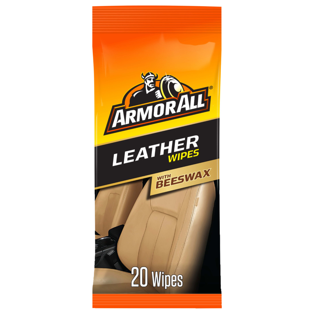 Package of Armor All leather wipes with beeswax on a white background