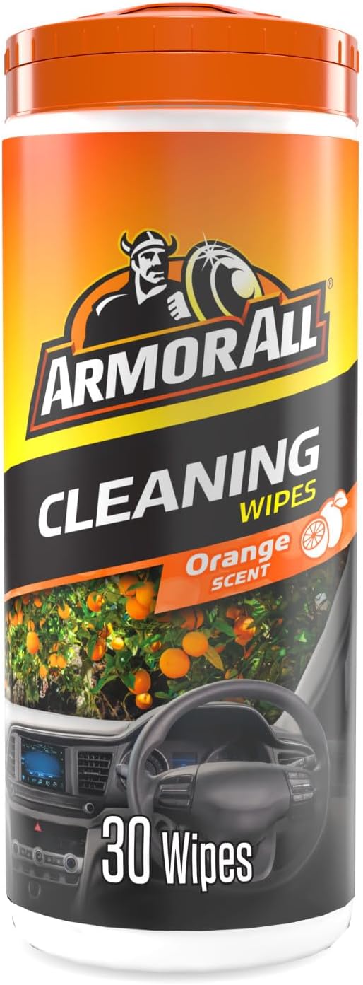 Armor All cleaning wipes container with orange and black design.