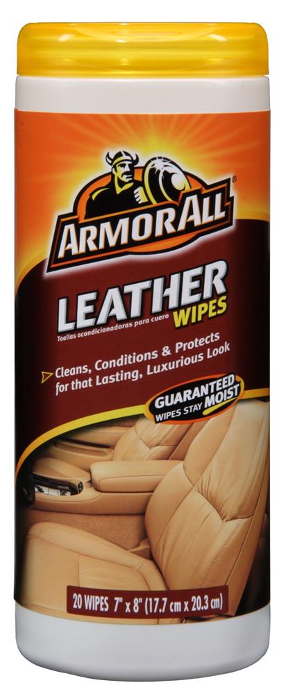 Jar of Armor All leather wipes with a yellow lid and brown label.