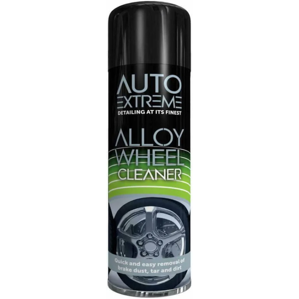Spray can of Auto Extreme Alloy Wheel Cleaner on a white background