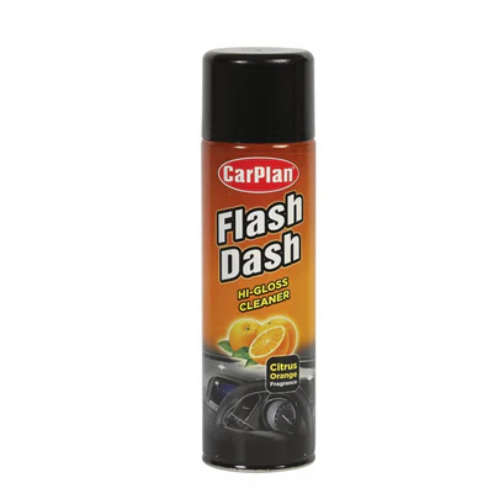 CarPlan Flash Dash Hi-Gloss Cleaner spray can on a white background