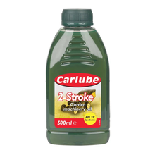 Carlube 2 Stroke Garden Machinery Oil 500ml bottle with red cap and garden equipment graphics on the label.