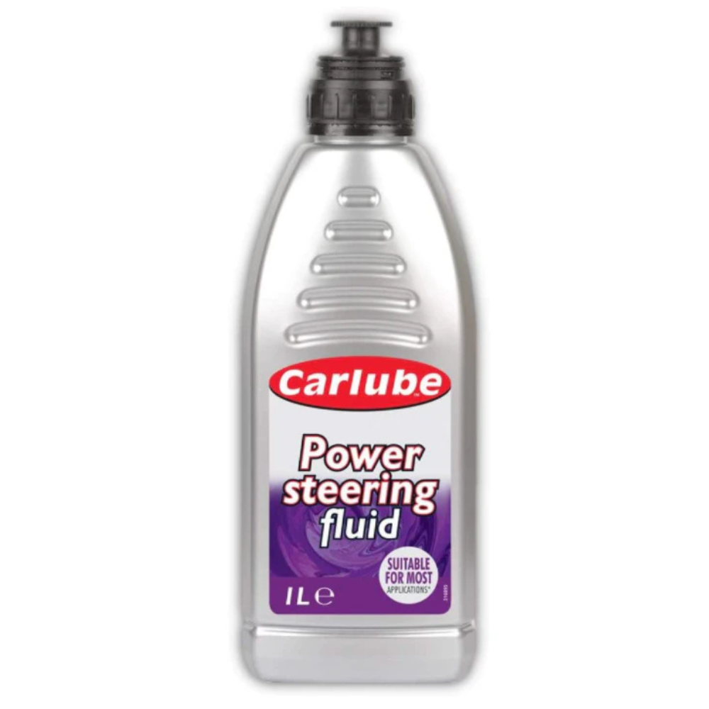 Bottle of Carlube power steering fluid on a white background