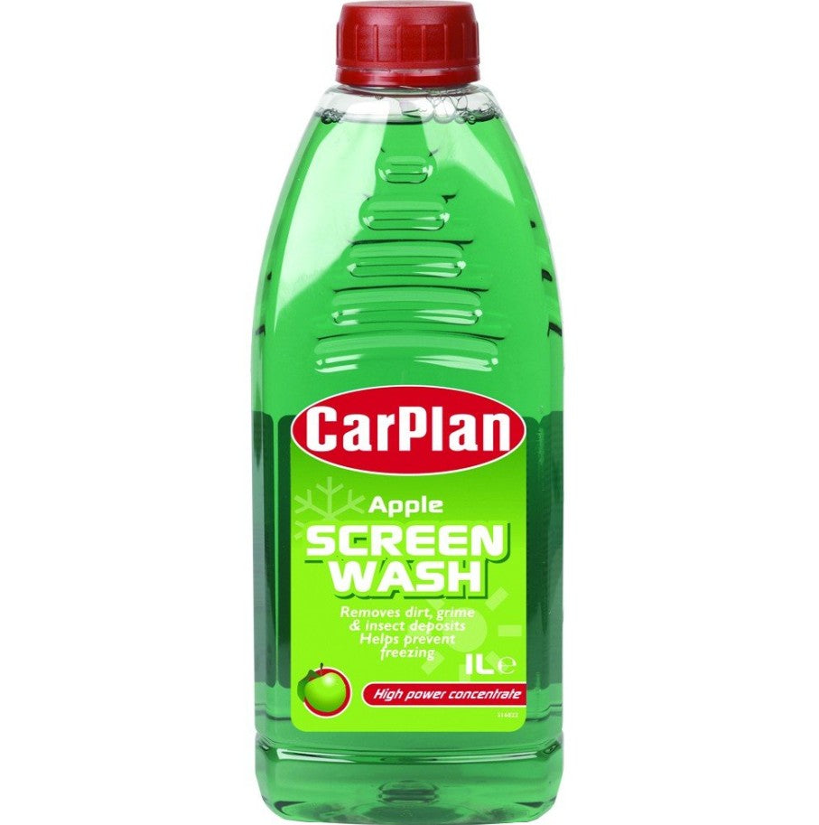 Green bottle of CarPlan screen wash with a red cap on a white background