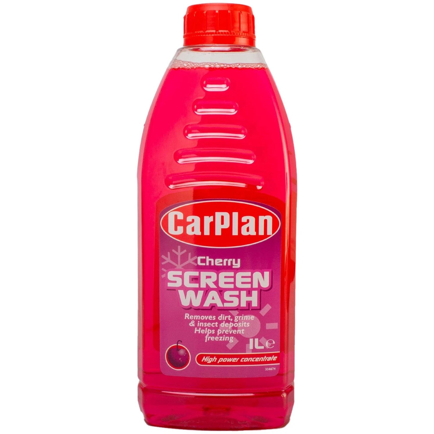 Bottle of CarPlan cherry screen wash on a white background