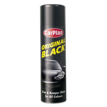 CarPlan Original Black Trim and Bumper Spray 500ml aerosol can with black and red branding and exterior trim graphics.