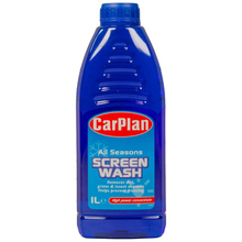 CarPlan All Seasons Screenwash Concentrate 1L bottle with blue liquid and red cap.