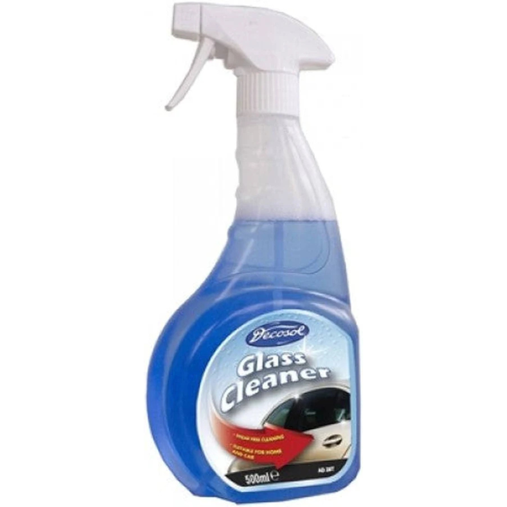 Decosol Glass Clean Trigger 500ml spray bottle with blue liquid and glass cleaning graphics.