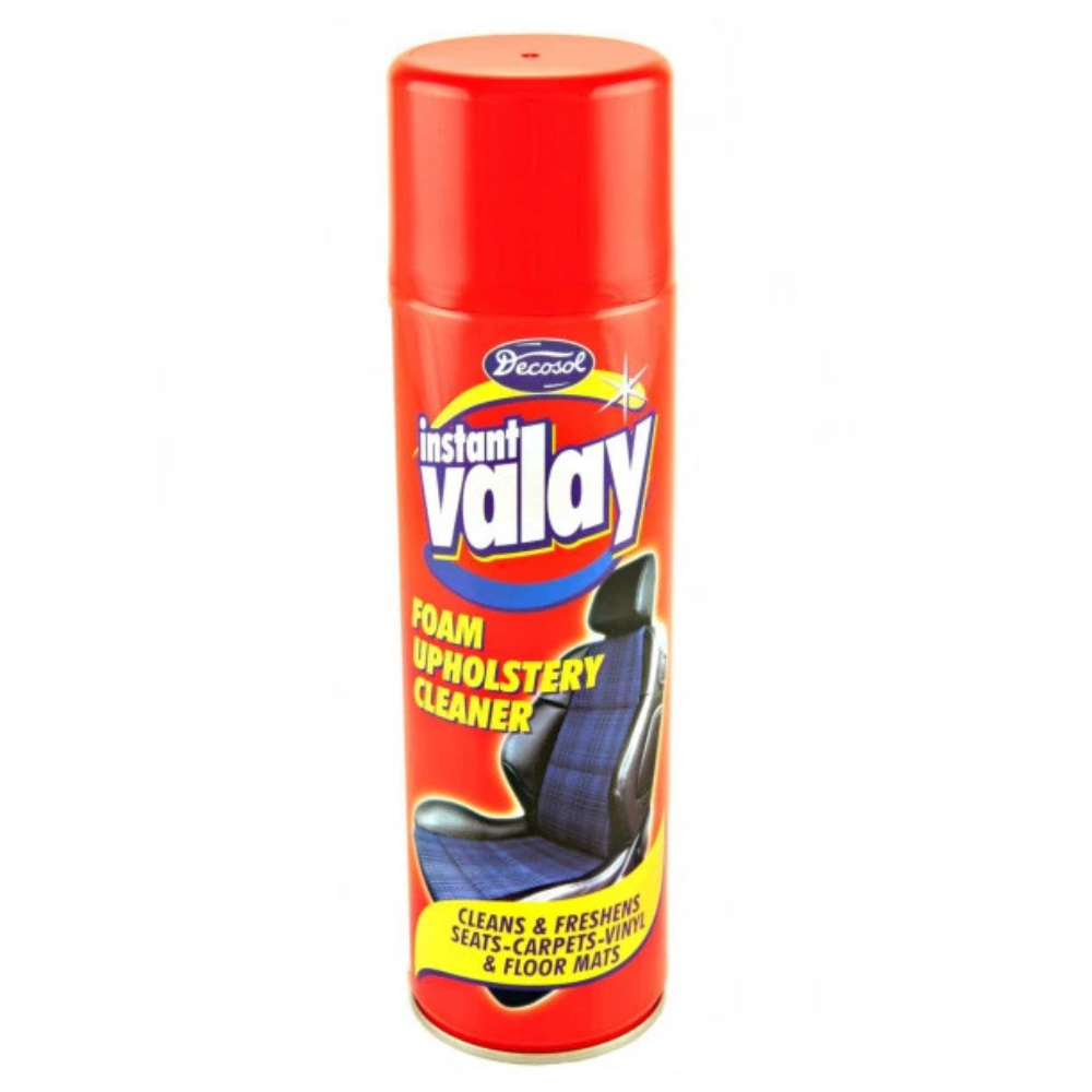 Decosol Instant Valay Upholstery Cleaner 500ml aerosol can with blue and yellow label and upholstery cleaning graphics.