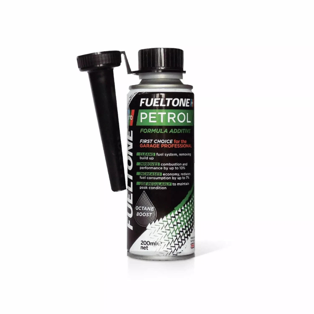 Fueltone Petrol System Cleaner and Octane Booster 200ml bottle with performance additive branding in red and black.