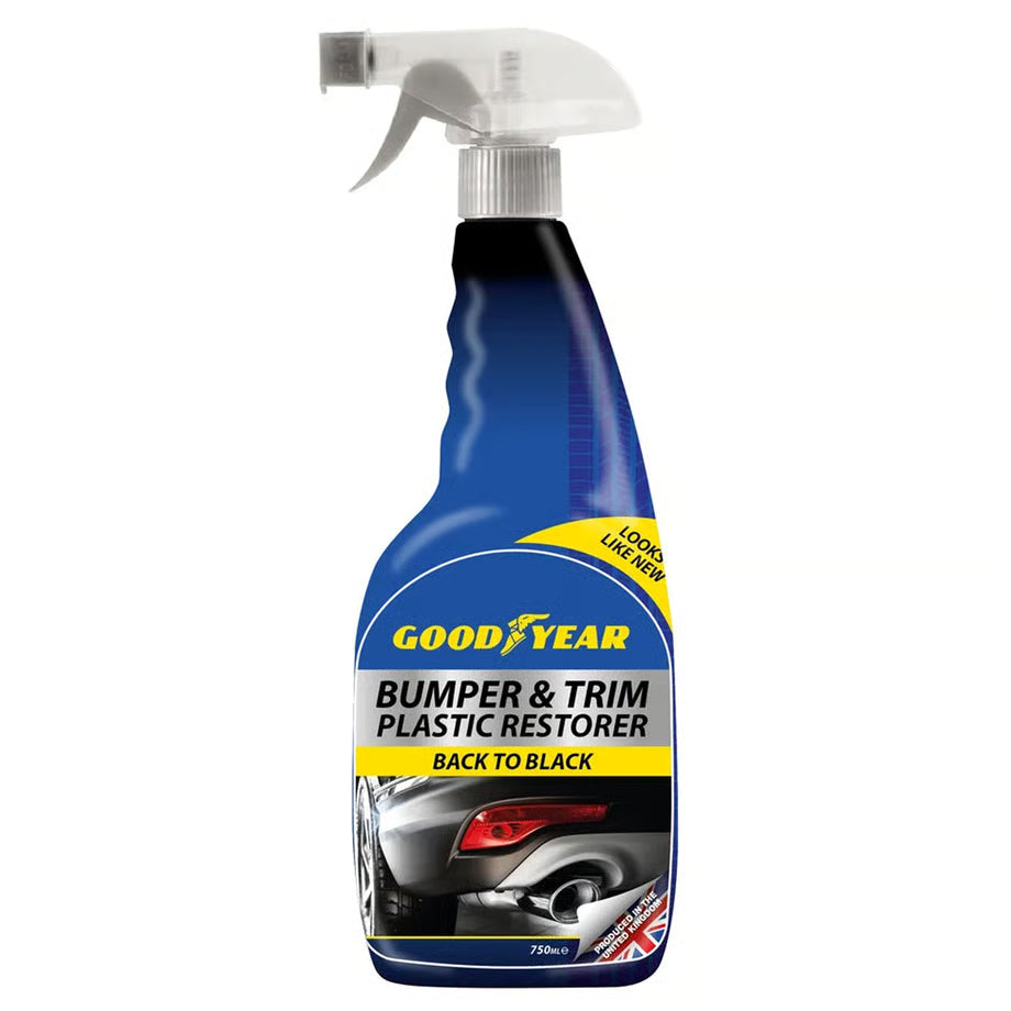 Goodyear bumper and trim plastic restorer spray bottle on a white background